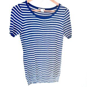 White + Warren Women's Short sleeve striped lightweight sweater blue and white